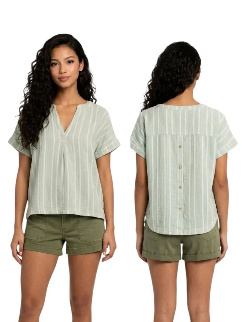 Lucky Brand Light Green & White Striped Popover Camp Shirt Size S